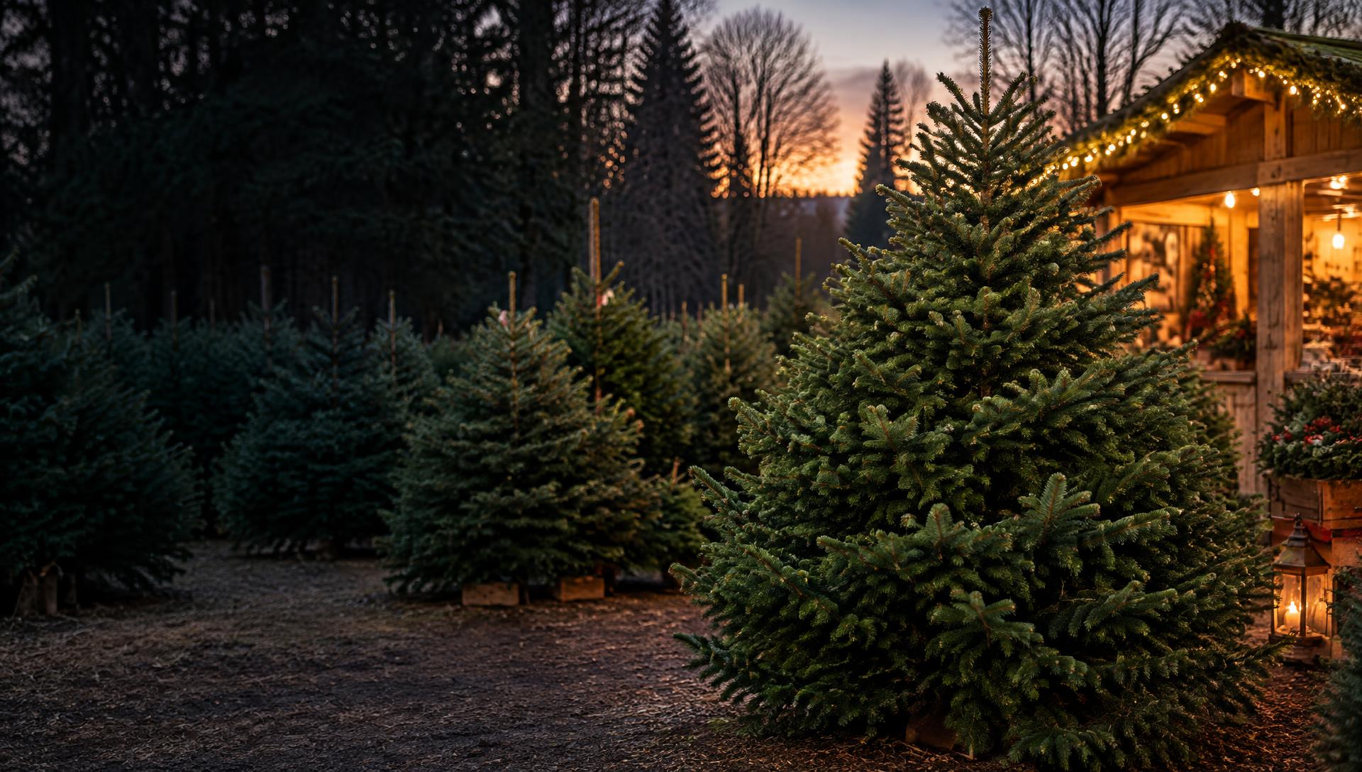 Frische Nordmanntannen im warmen Licht einer Weihnachtsmarkthütte – stimmungsvolles Symbolbild